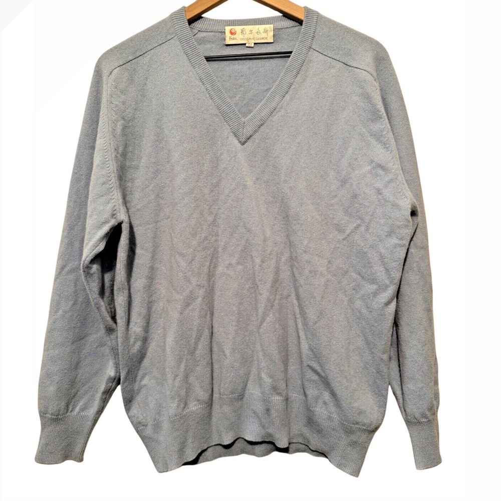 Erdos Men's 44 100% Pure Cashmere V-Neck Pullover Sweater Baby Blue Plaid